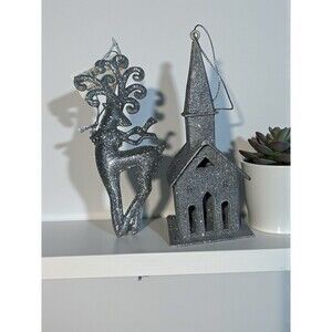 Silver Glitter Reindeer Church Ornament Set Christmas Sparkle Holiday Decor